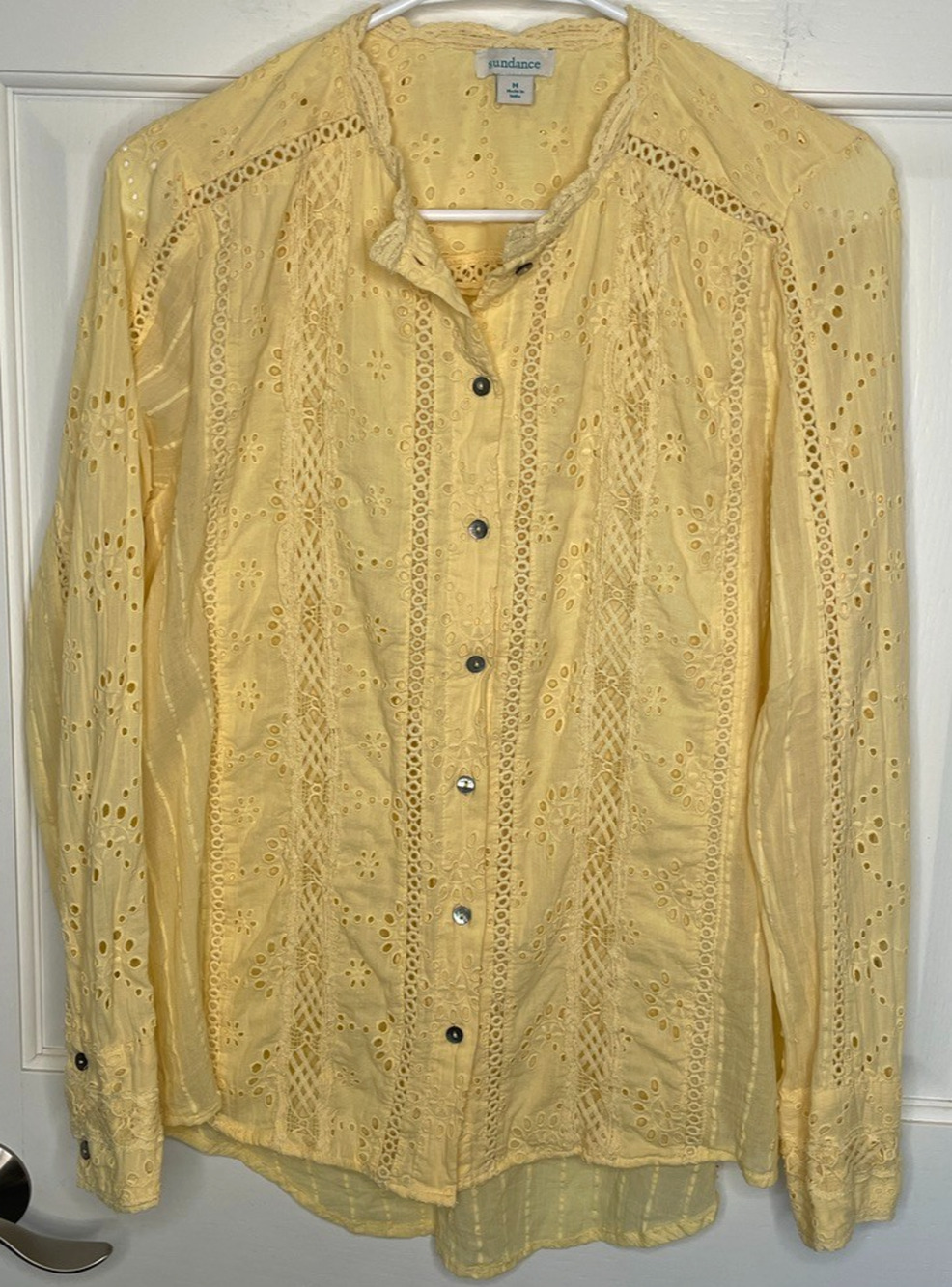 Sundance Women's Valeria Eyelet Button Front Shirt Blouse Sz M Cotton Boho Trim